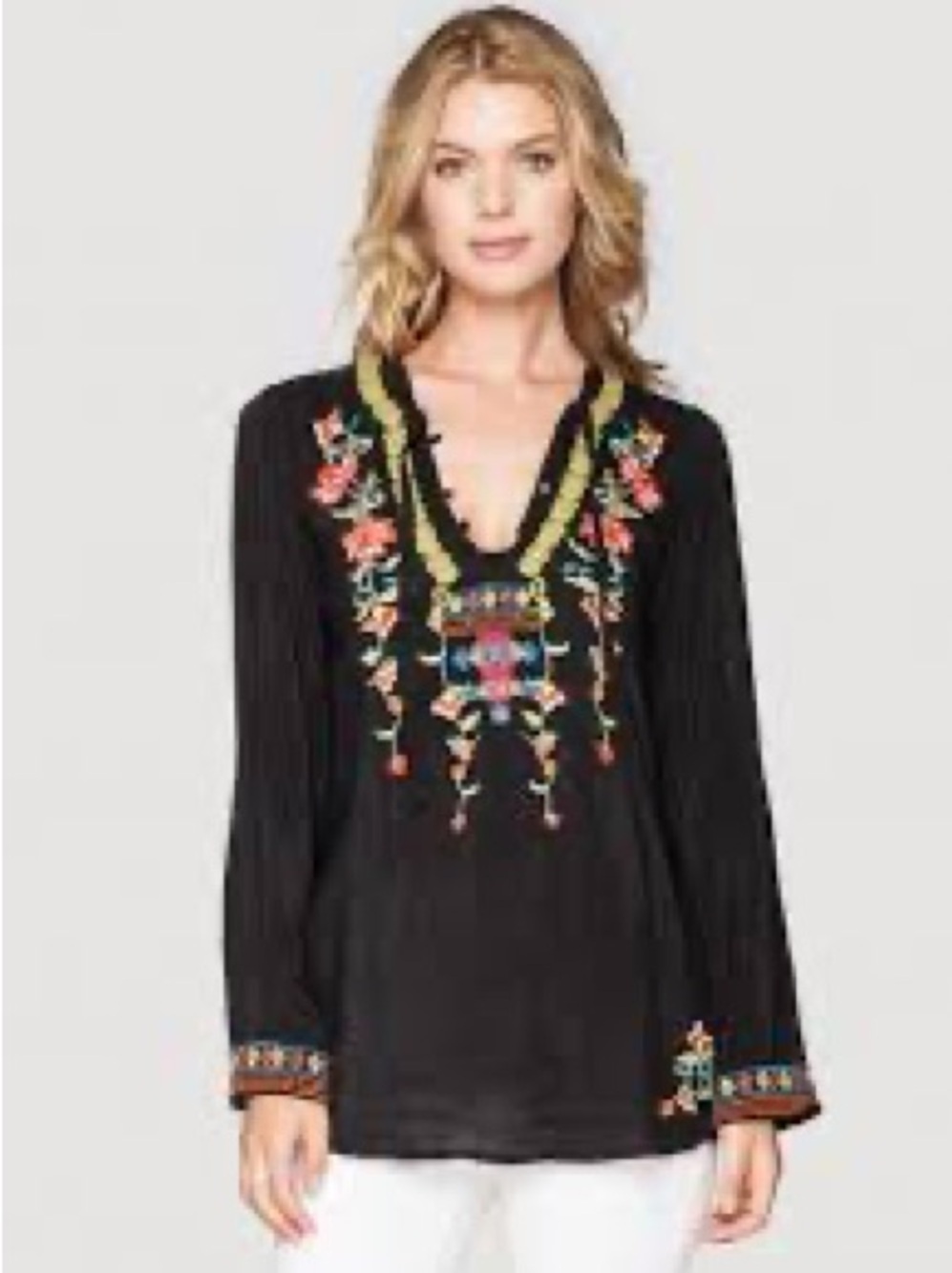 Johnny Was Suko Tie Neck Floral Embroidered Tunic Long Sleeve Top S